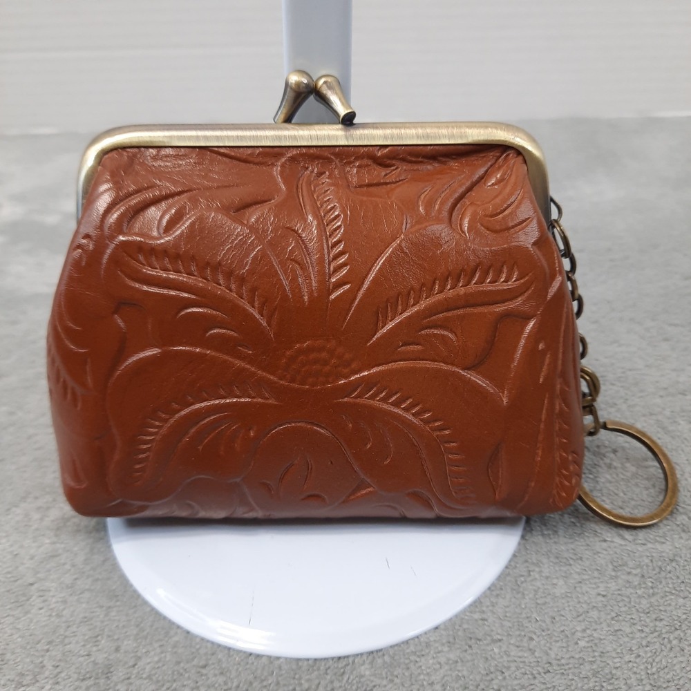 Patricia Nash Floral Tooled Leather Coin Purse Kiss Lock Closure Key Ring Borse